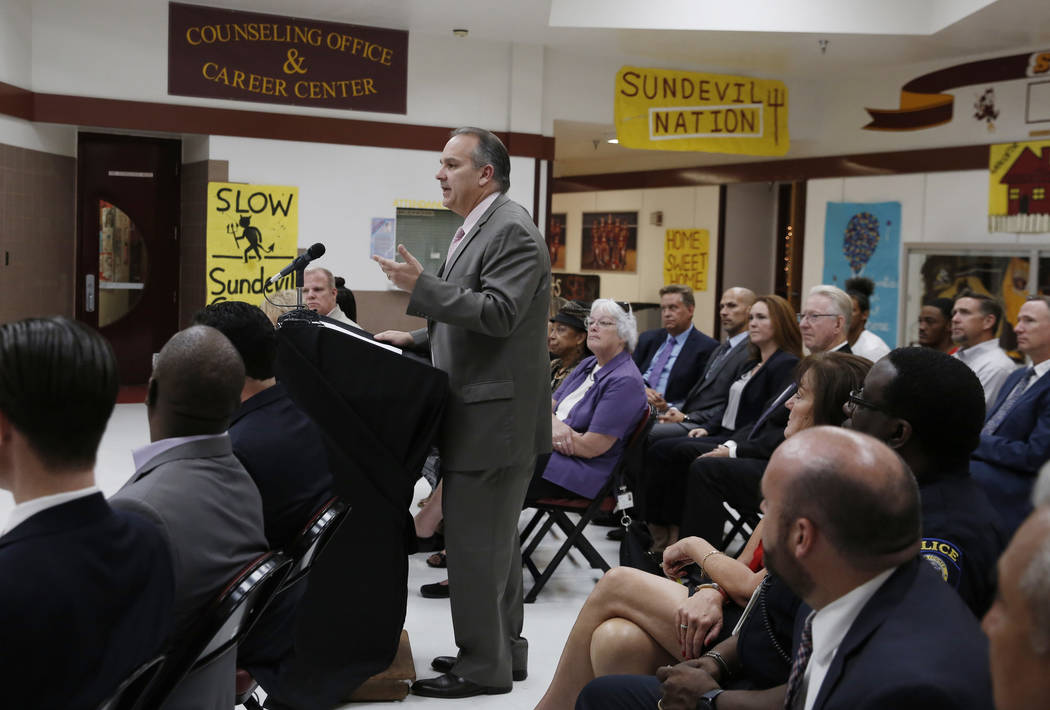 Clark County School District Superintendent Jesus Jara speaks during a press conference at Eldo ...