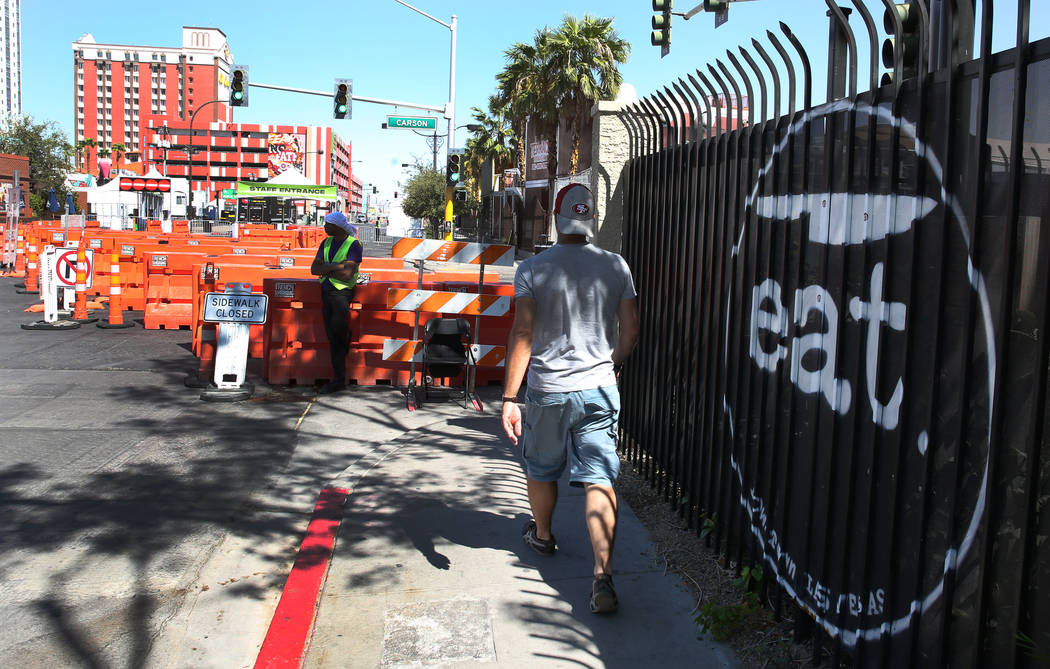 Carson Avenue next to eat restaurant is closed for pedestrian and motor vehicle traffic in prep ...