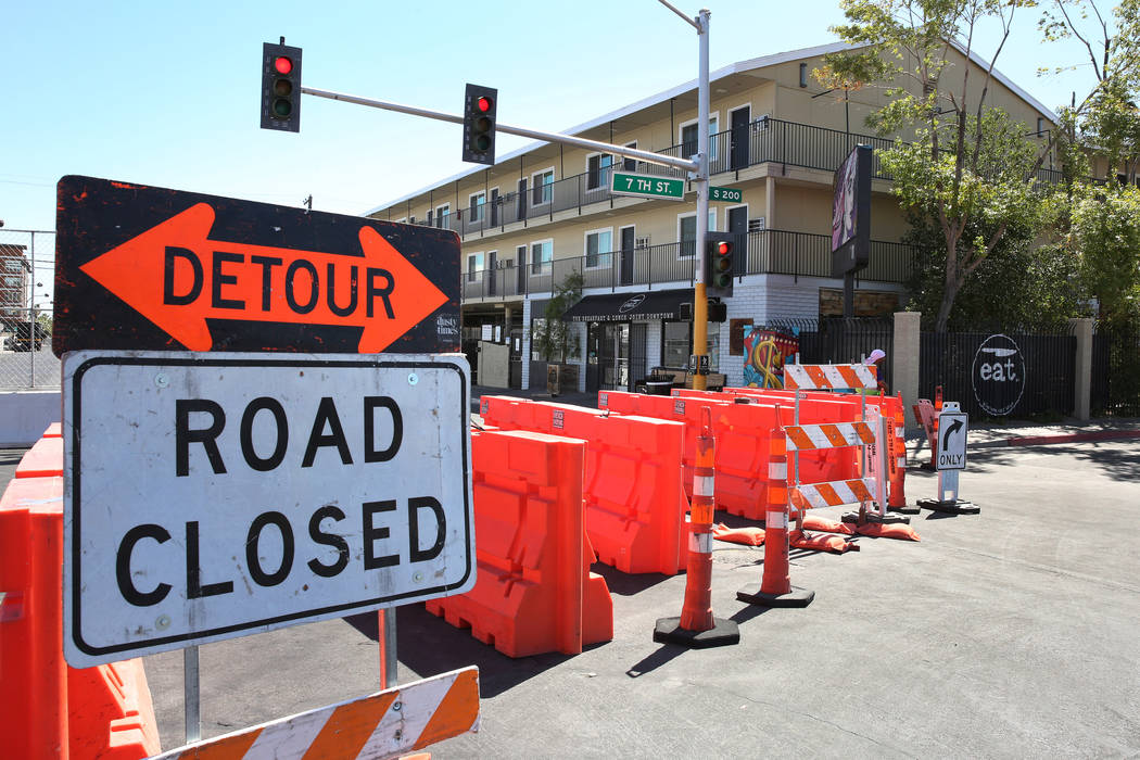 Carson Avenue next to eat restaurant is closed for pedestrian and motor vehicle traffic in prep ...