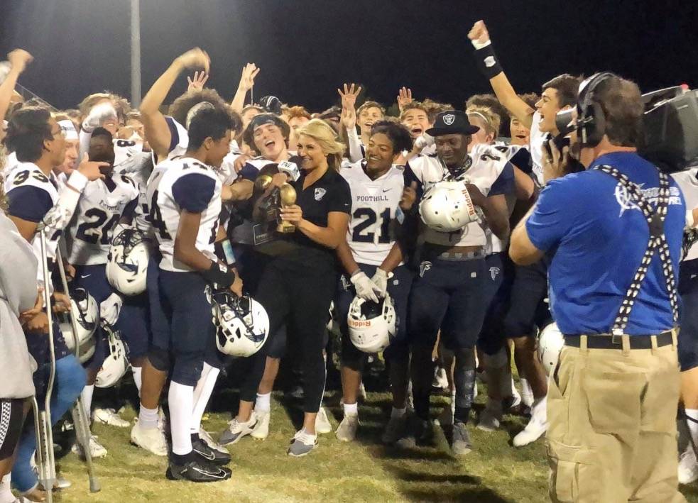 Foothill players celebrate after beating Palo Verde 28-13 on Thursday, Sept. 19, 2019. (Foothil ...