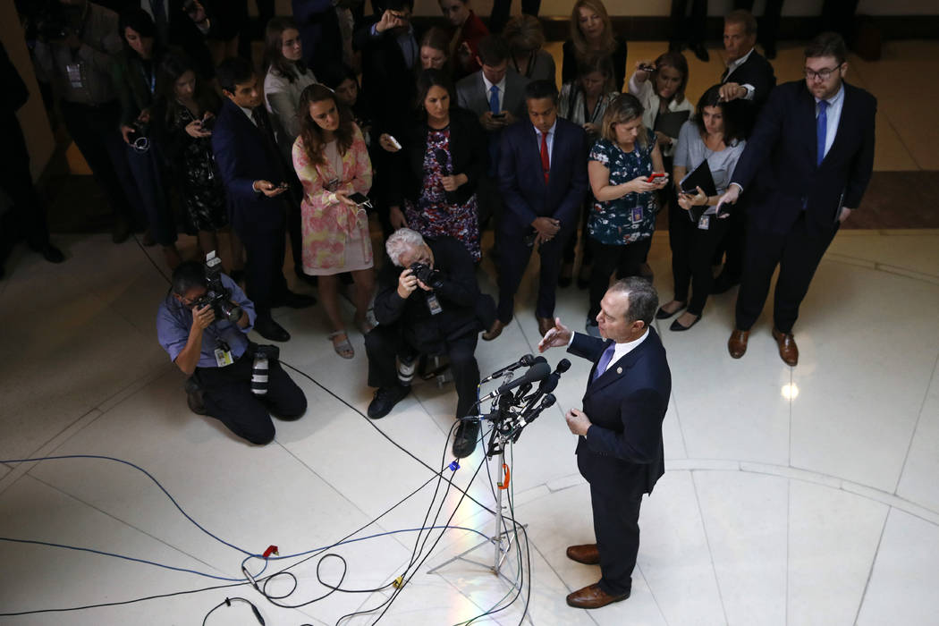 Rep. Adam Schiff, D-Calif., chairman of the House Intelligence Committee, speaks with reporters ...