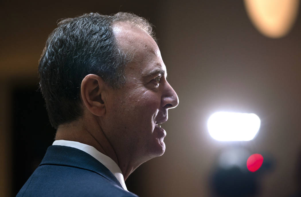 House Intelligence Committee Chairman Adam Schiff, D-Calif., speaks to reporters after the pane ...