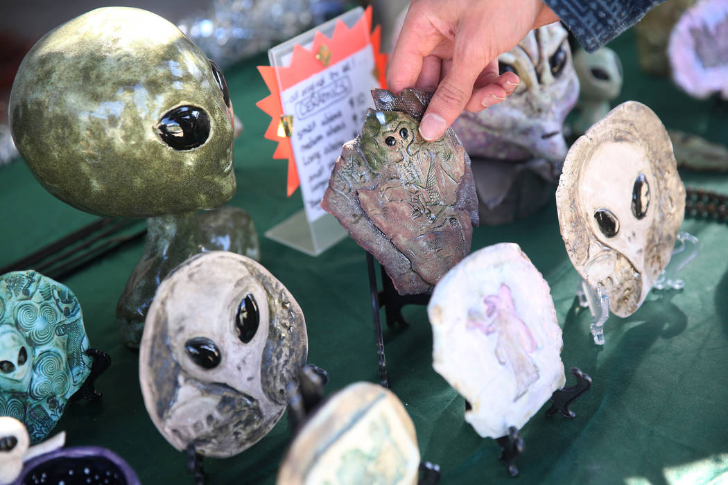 Alien themed ceramics for sale during the Alien Basecamp alien festival at the Alien Research C ...