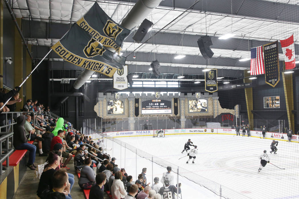 A crowd watches the Golden Knights practice during an alien costume contest at City National Ar ...