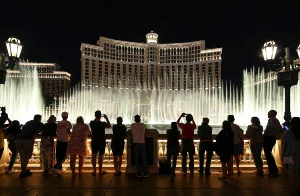 People watch the water fountain show outside the Bellagio hotel and casino on the Strip in Las ...