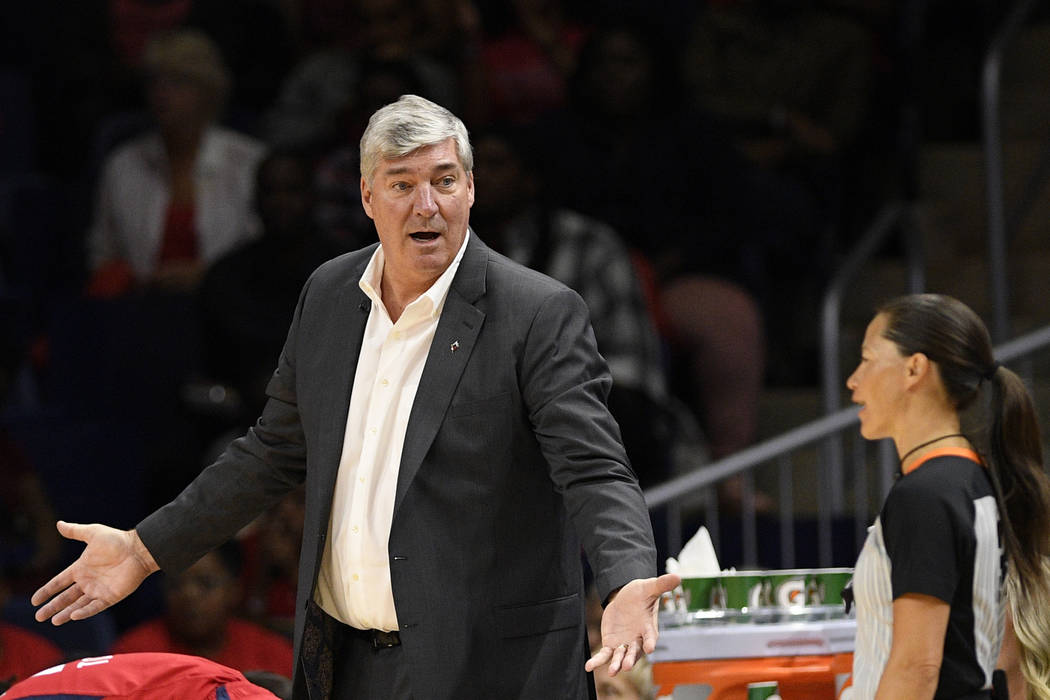 Las Vegas Aces coach Bill Laimbeer gestures next to an official during the second half of Game ...