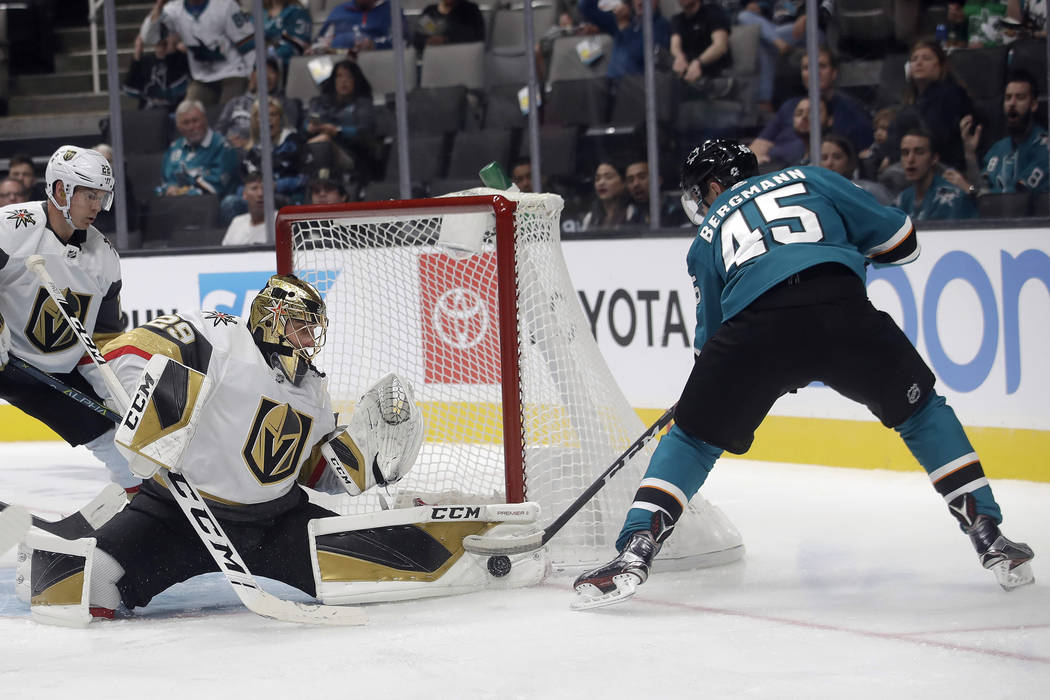 Vegas Golden Knights goaltender Marc-Andre Fleury (29) defends a shot-attempt by San Jose Shark ...