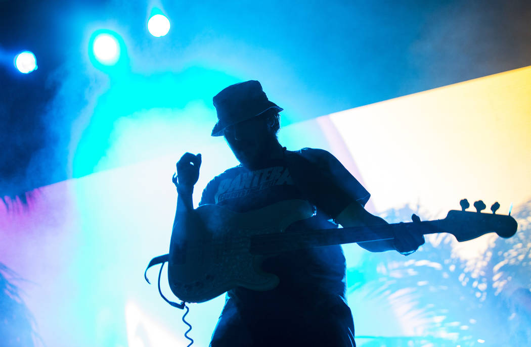 Zach Carothers, of Portugal. The Man, performs at the Bacardi stage during the first day of the ...