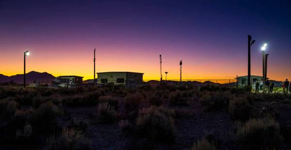 Sunset falls on the back gate of Area 51 during the Alienstock festival on Saturday, Sept. 21, ...