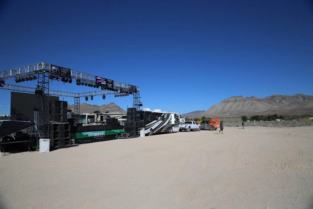 Music plays at the Alien Basecamp alien festival at the Alien Research Center in Hiko, Nev., Fr ...