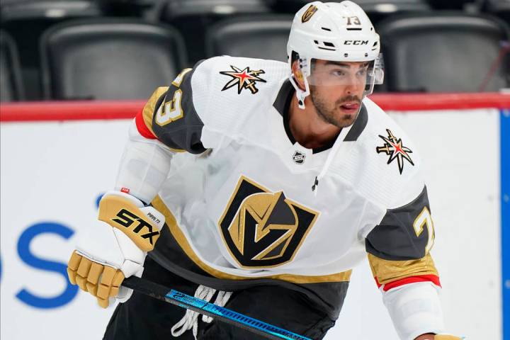 Vegas Golden Knights center Brandon Pirri skates during warm-ups before the start of a preseaso ...