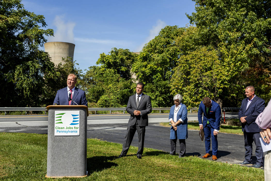 Mike Pries, Dauphin County commissioner, speaks during a press conference on the shut down of T ...