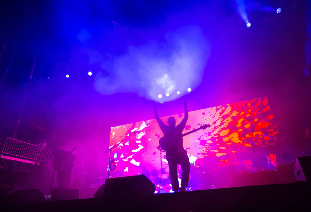 Zach Carothers, of Portugal. The Man, performs at the Bacardi stage during the first day of the ...