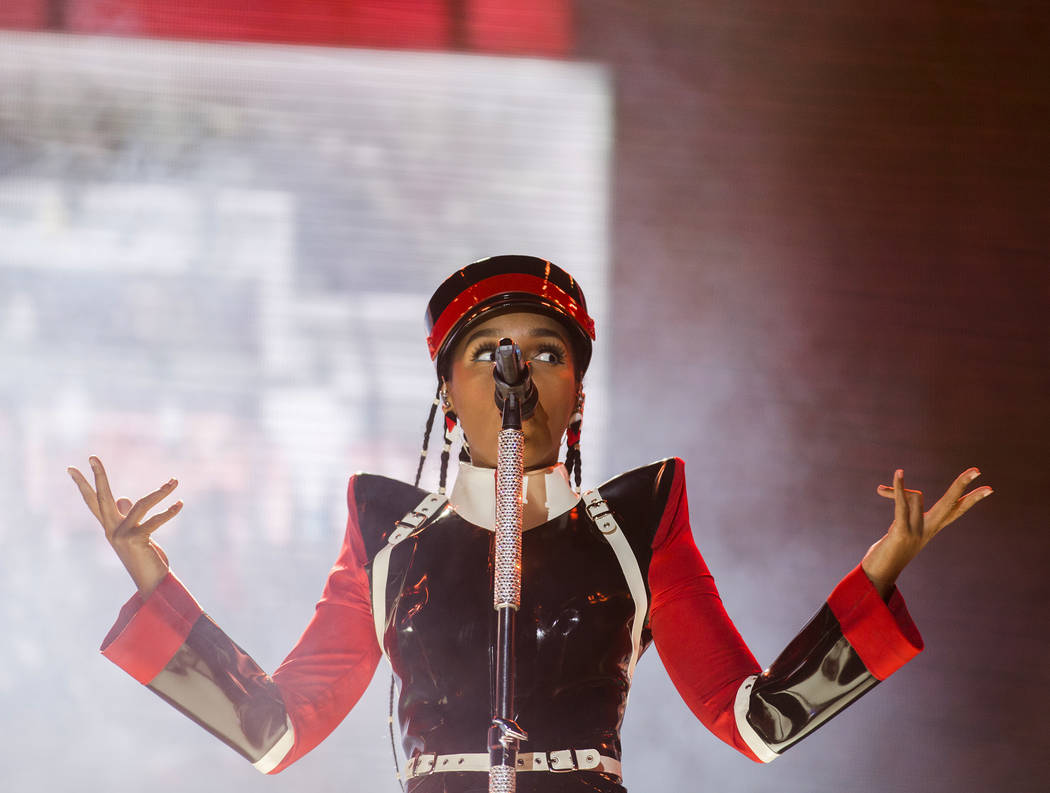 Janelle Monáe performs on the Bacardi Stage during the second day of Life is Beautiful on ...