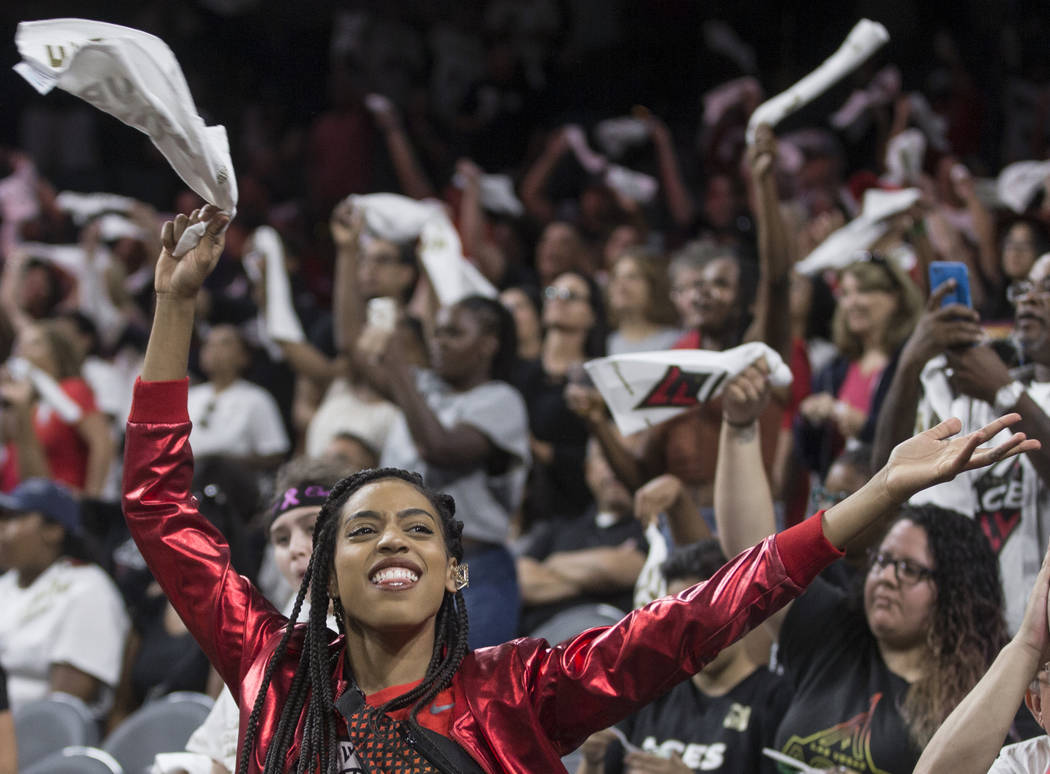 The Las Vegas Aces Wild Card Crew fires up the crowd during their WNBA semifinals game with the ...