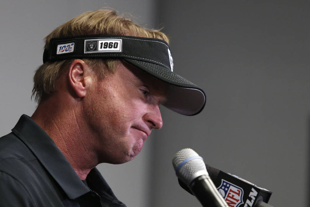 Oakland Raiders head coach Jon Gruden speaks during a news conference after an NFL football gam ...