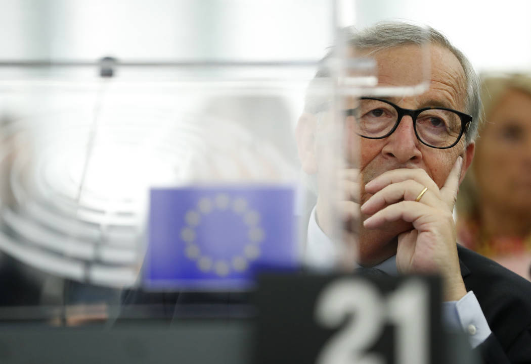 European Commission President Jean-Claude Juncker listens Wednesday, Sept. 18, 2019 in Strasbou ...