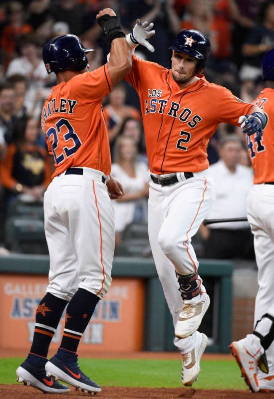 Houston Astros' Alex Bregman (2) celebrates his two-run home run off Los Angeles Angels relief ...