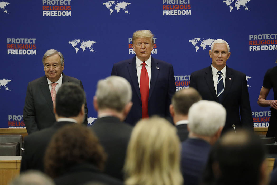 President Donald Trump arrives to speak at an event on religious freedom during the United Nati ...