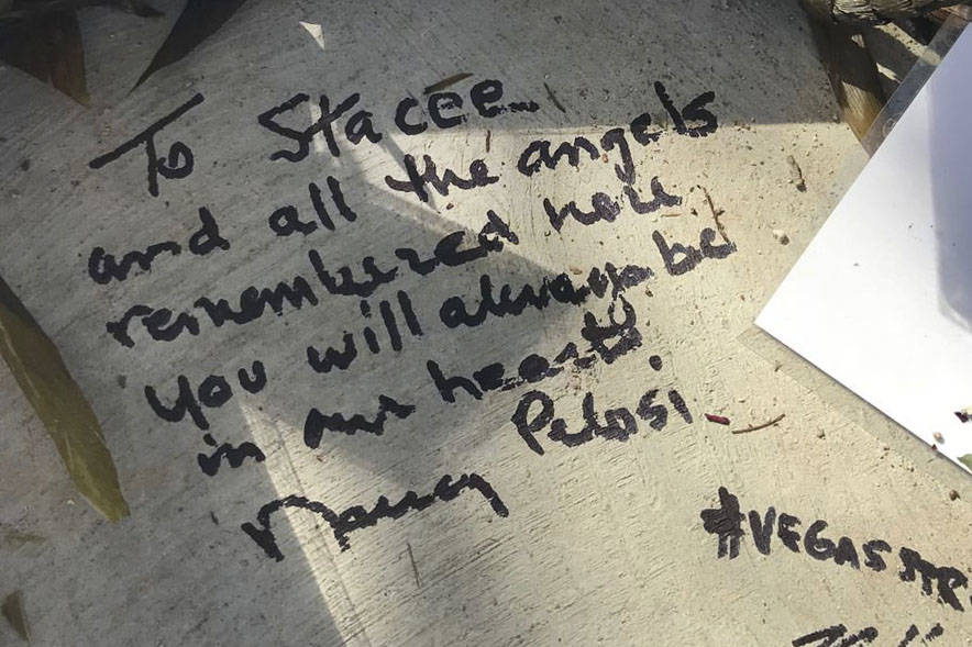 Then House Minority Leader Nancy Pelosi left a handwritten message at the Las Vegas Healing Gar ...