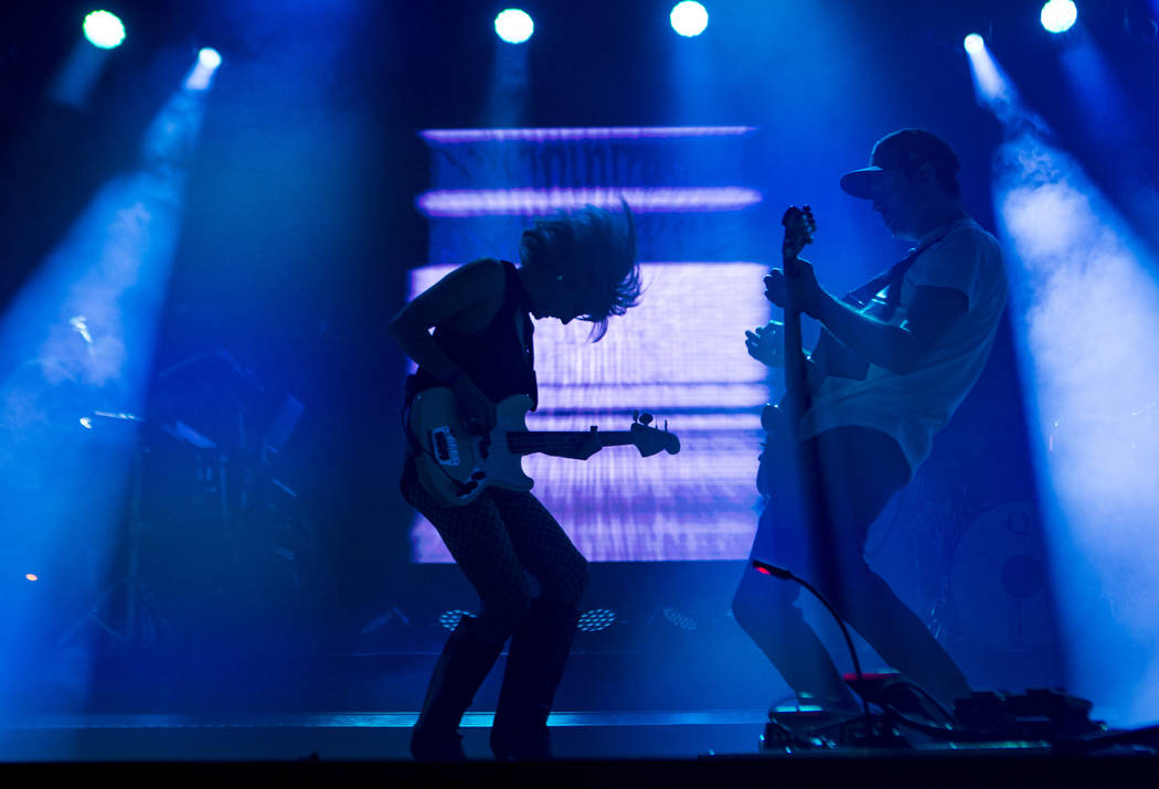 Sarah Barthel, left, and Josh Carter, of Phantogram, perform at the Huntridge stage during day ...