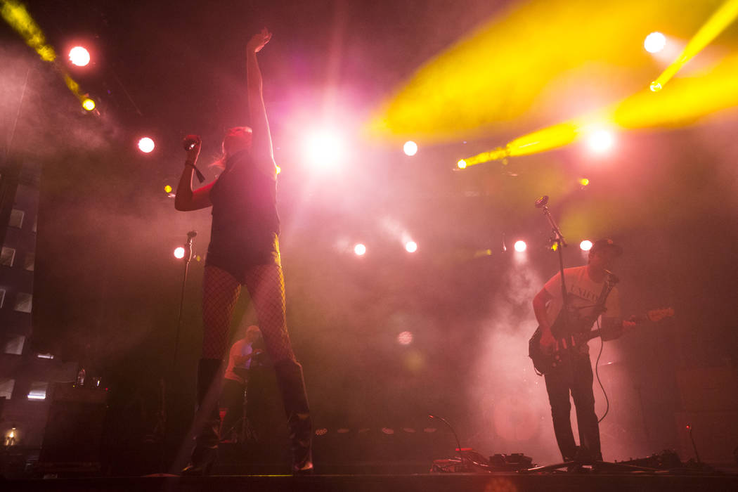 Sarah Barthel, left, and Josh Carter, of Phantogram, perform at the Huntridge stage during day ...