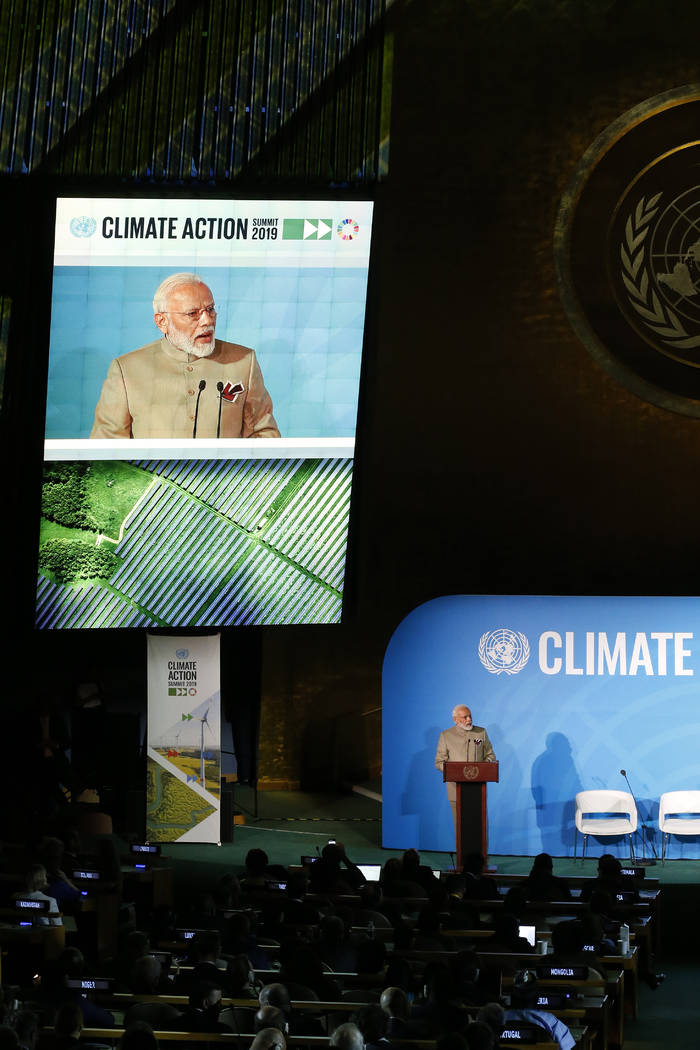 India's Prime Minister Narendra Modi addresses the Climate Action Summit in the United Nations ...