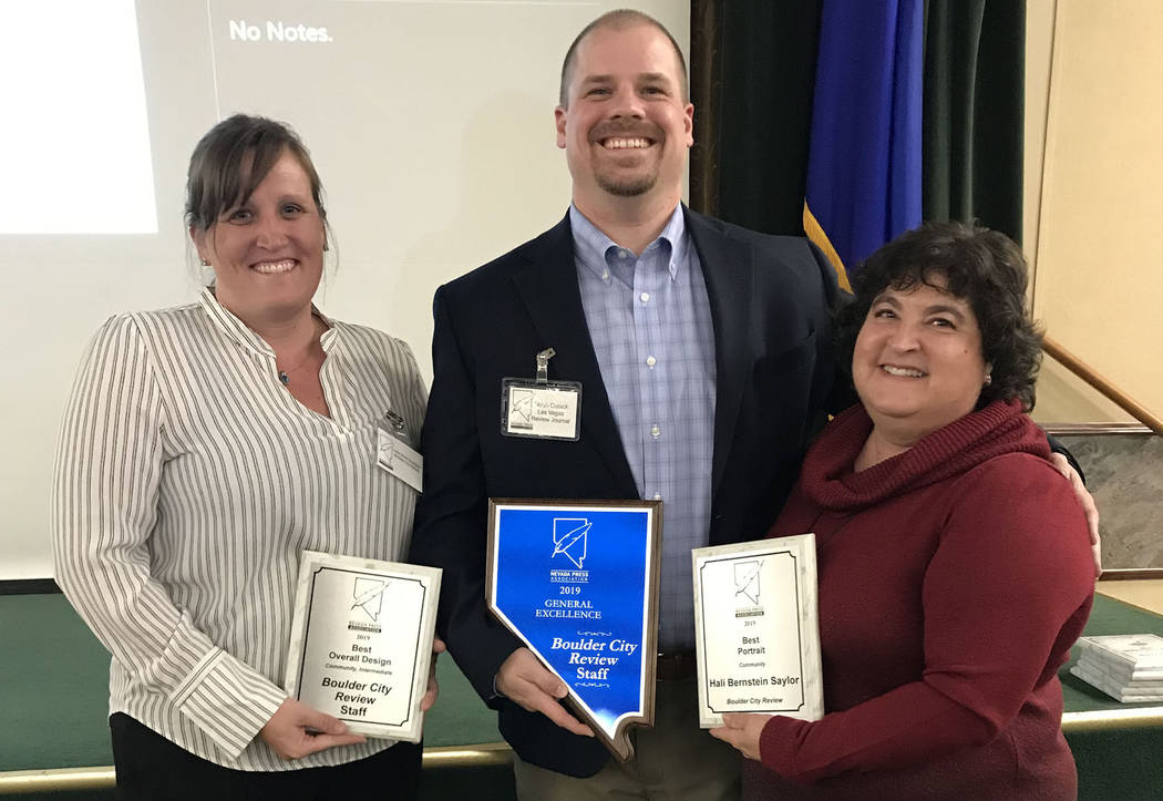 Boulder City Review reporter Celia Shortt Goodyear, left, publisher Noah Cusick and editor Hali ...