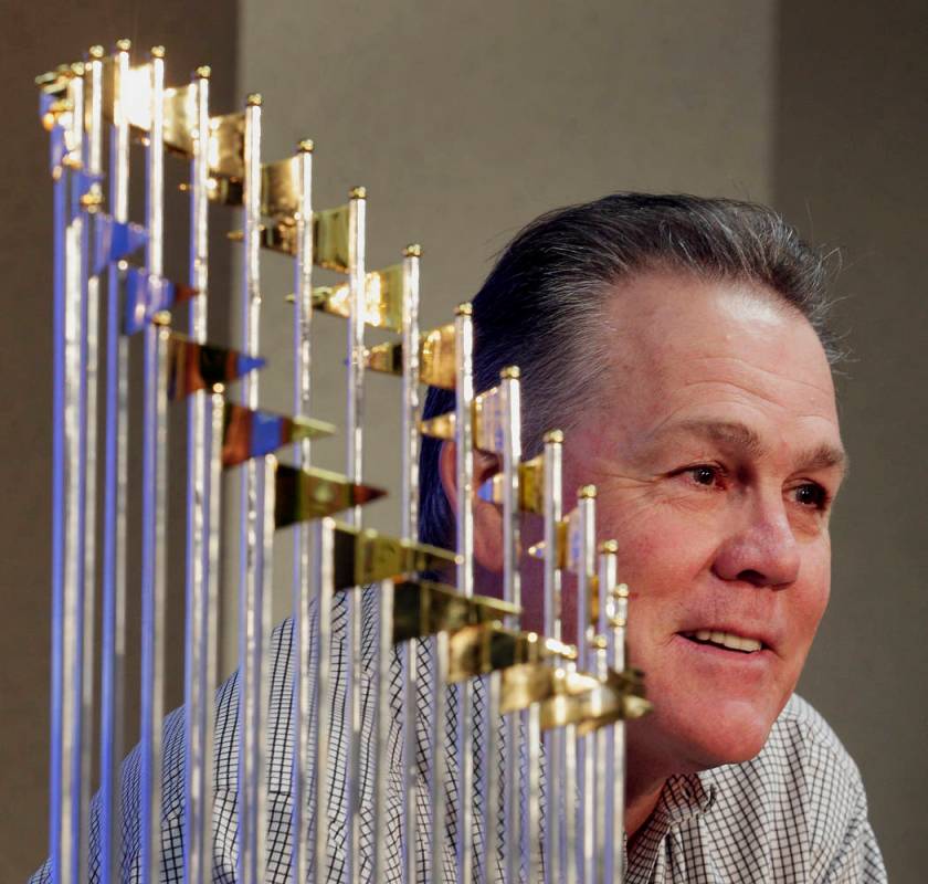 Kansas City Royals manager Ned Yost speaks to members of the media alongside the Royals' World ...