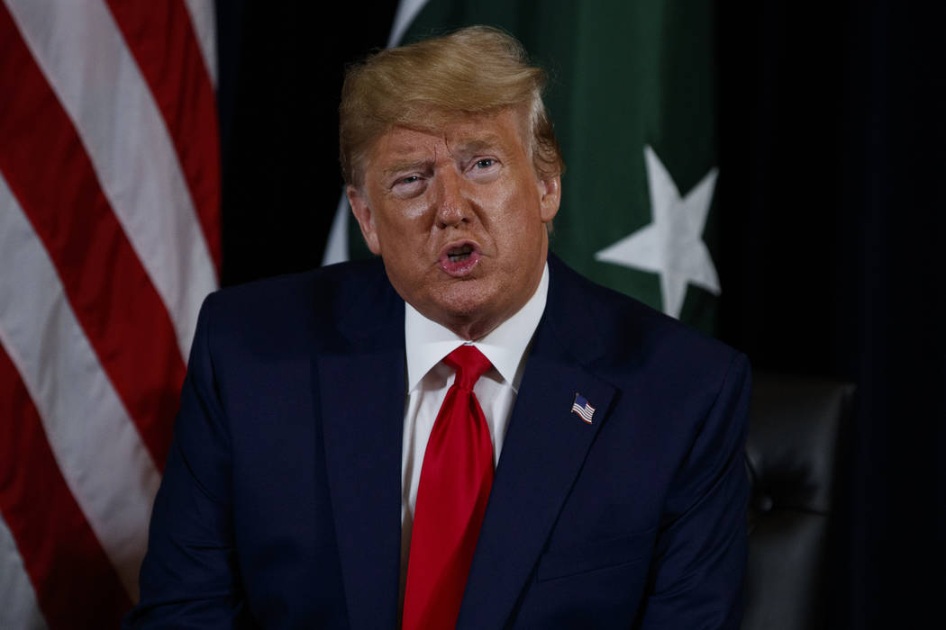 President Donald Trump speaks during a meeting with Pakistani Prime Minister Imran Khan at the ...