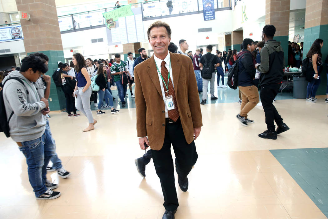 Principal James Kuzma during first lunch at Rancho High School in North Las Vegas, Thursday, Se ...