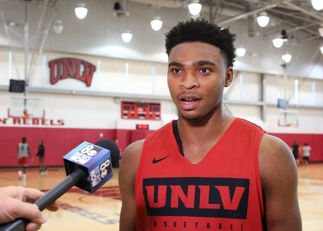 UNLV Rebels guard Bryce Hamilton talks to the media after team's first basketball practice of t ...
