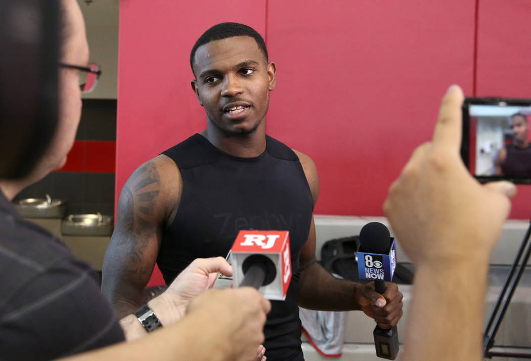UNLV Rebels guard Amauri Hardy talks to the media after team's first basketball practice of the ...