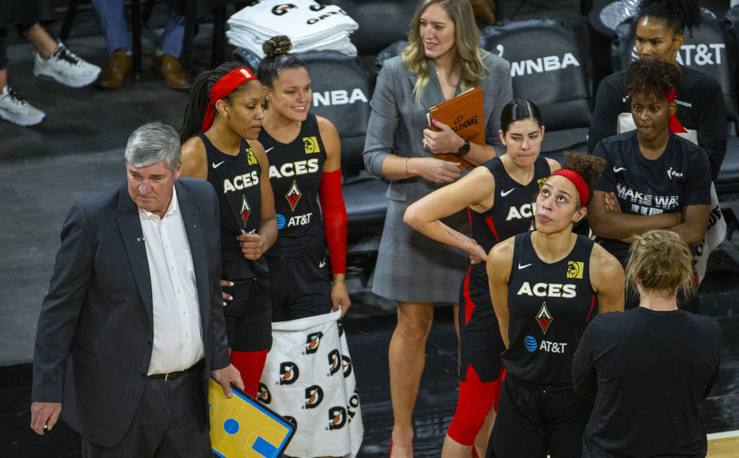 The Las Vegas Aces look dejected as they are down late versus the Washington Mystics during the ...