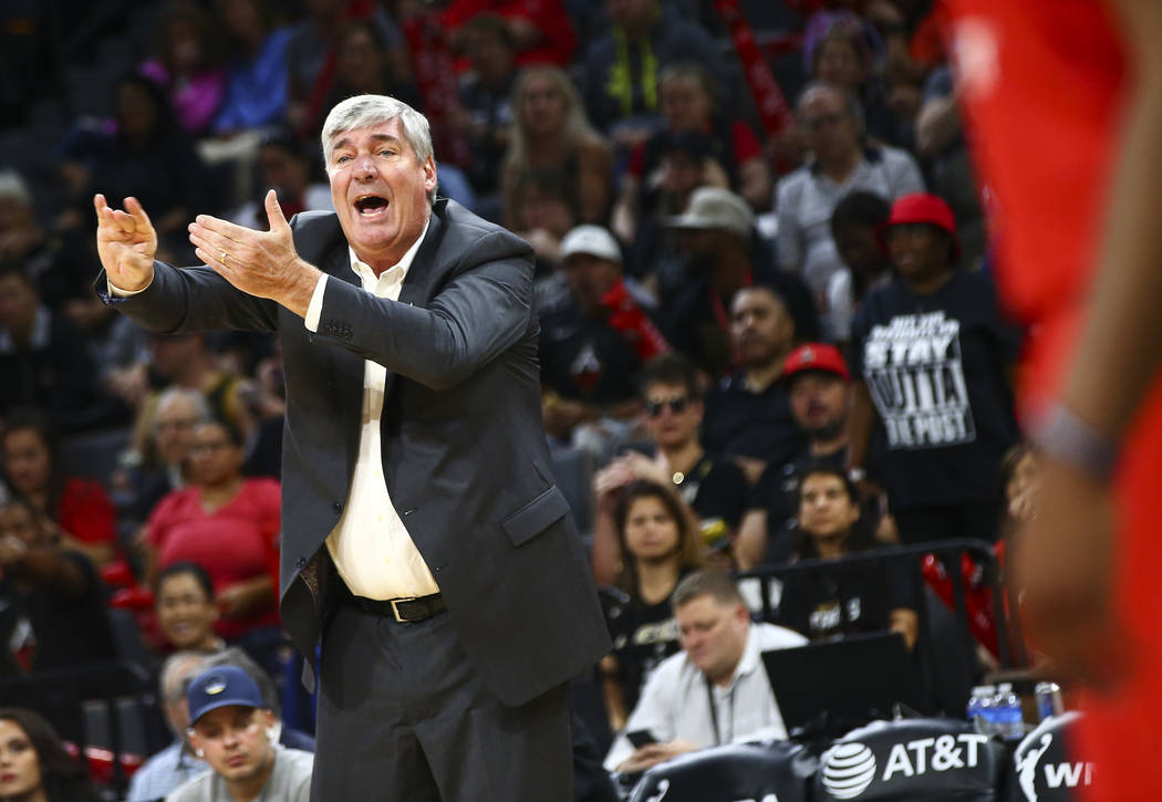 Las Vegas Aces coach Bill Laimbeer motions to his team during the first quarter of a WNBA semif ...