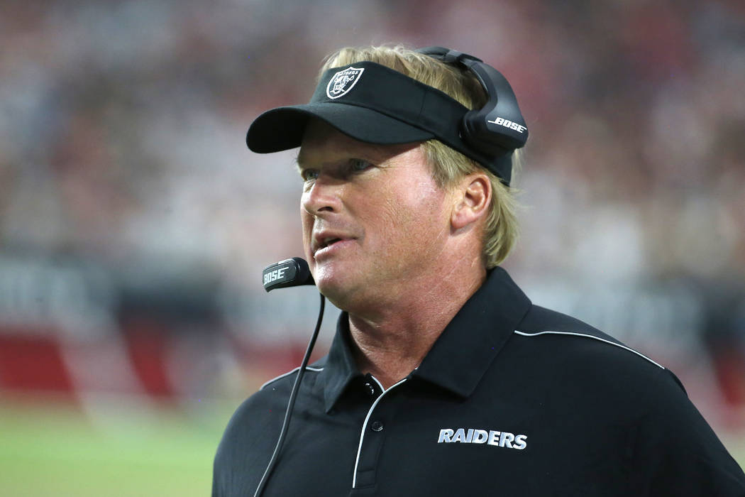 Oakland Raiders head coach Jon Gruden during an an NFL preseason football game against the Ariz ...