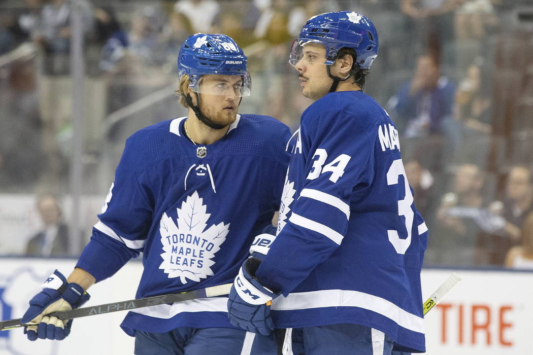 Toronto Maple Leafs right wing William Nylander (88) and center Auston Matthews talk during the ...