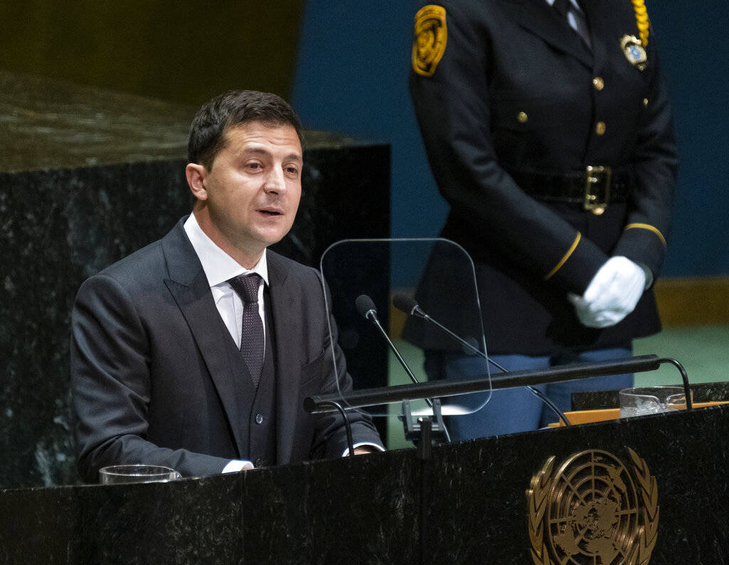 Ukrainian President Volodymyr Zelenskiy addresses the 74th session of the United Nations Genera ...