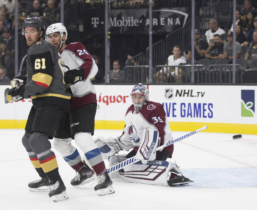 Vegas Golden Knights right wing Mark Stone (61), Colorado Avalanche defenseman Conor Timmins (2 ...