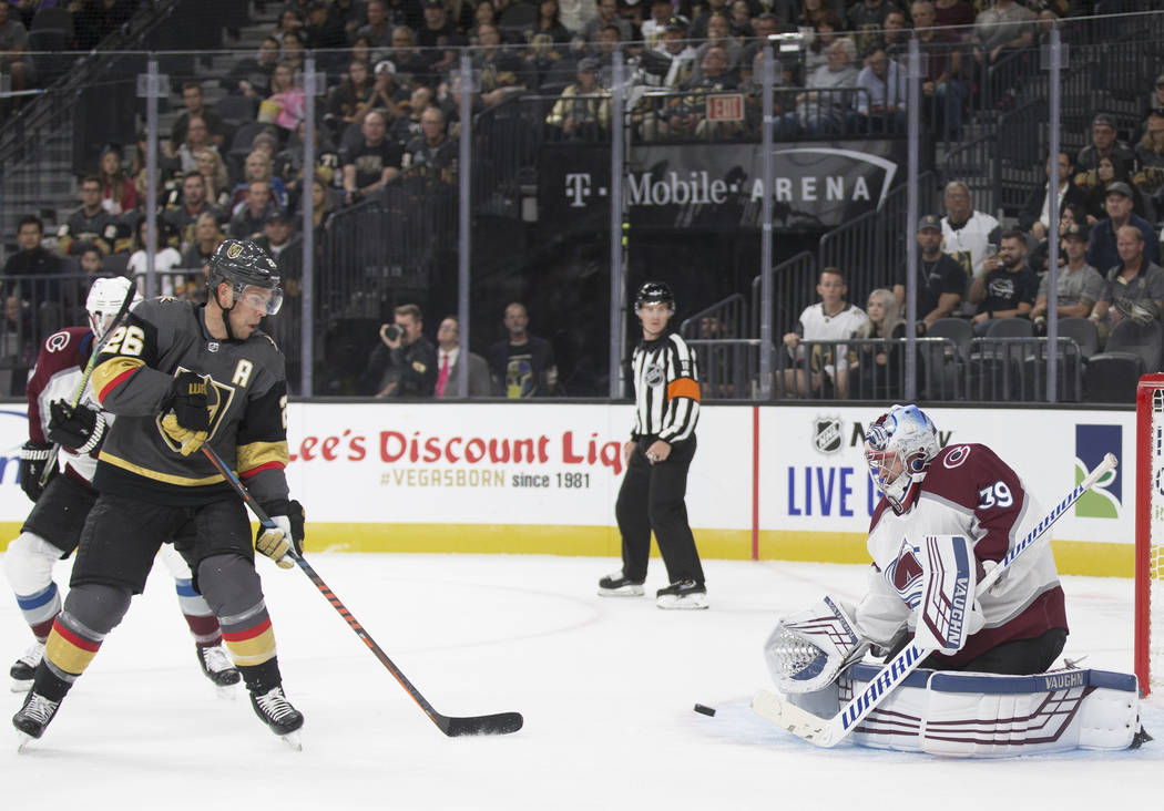 Vegas Golden Knights center Paul Stastny (26) shoots on Colorado Avalanche goaltender Pavel Fra ...