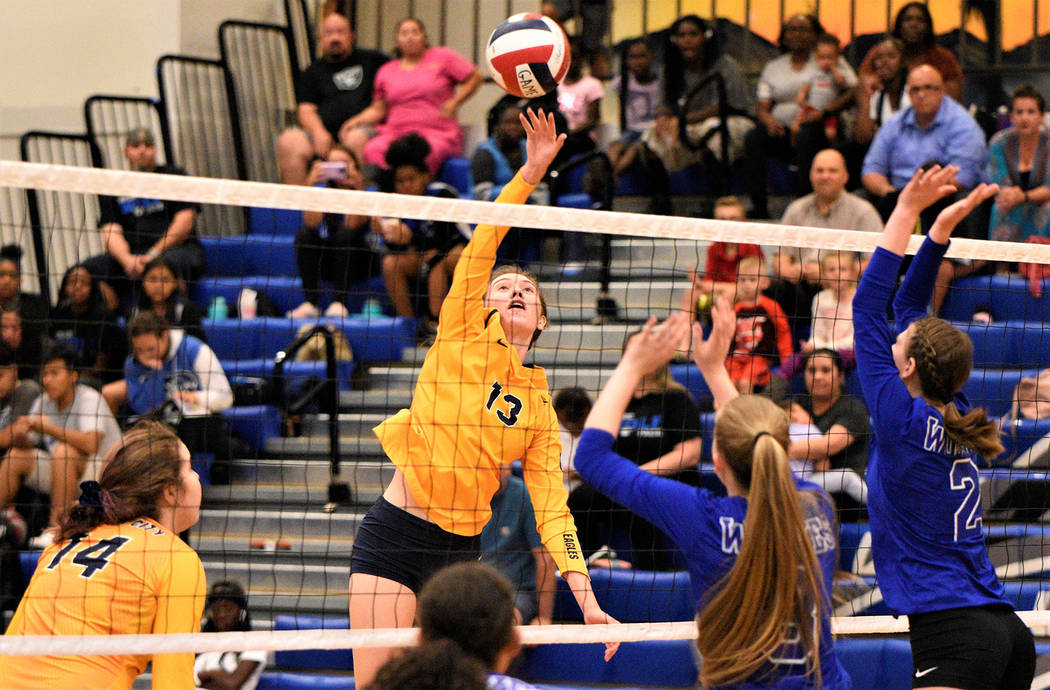 Then-Boulder City High School senior Raegan Herr throws down a strike against Basic on Tuesday, ...