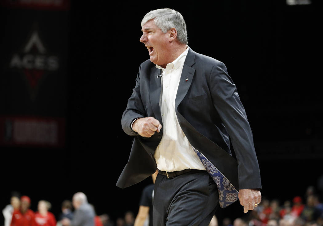 Las Vegas Aces head coach Bill Laimbeer coaches against the Washington Mystics during the secon ...