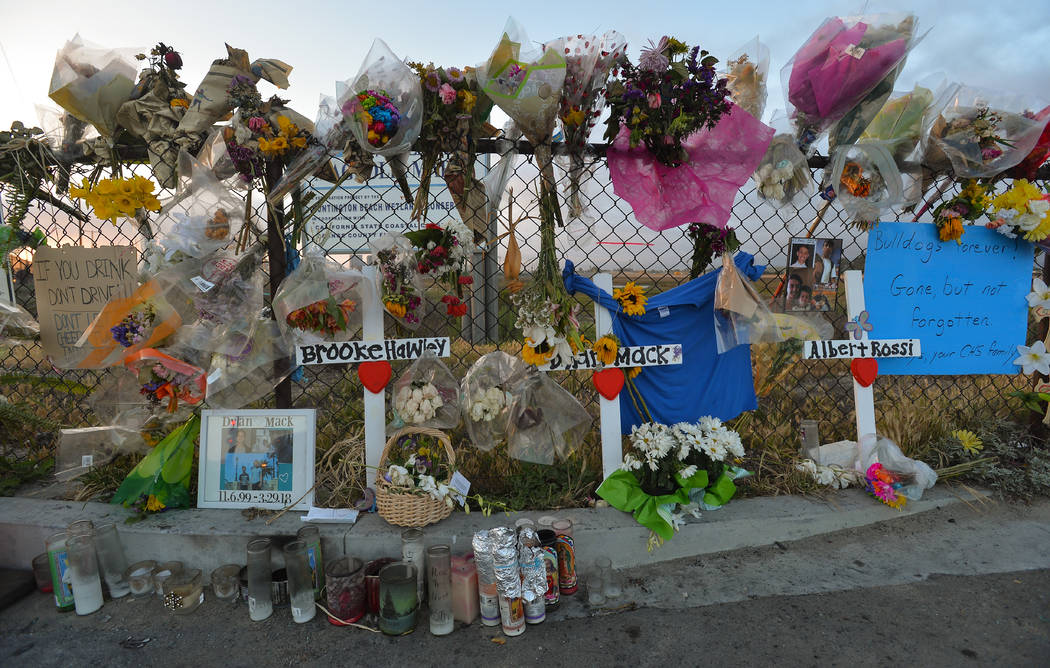 A makeshift roadside memorial on Saturday, April 7, 2018, where three Las Vegas teens were kill ...