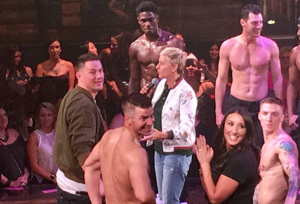 Ellen DeGeneres and Channing Tatum and the cast of "Magic Mike Live" address a full house at Ha ...