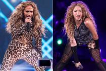 This combination photo shows actress-singer Jennifer Lopez performing at the Directv Super Satu ...