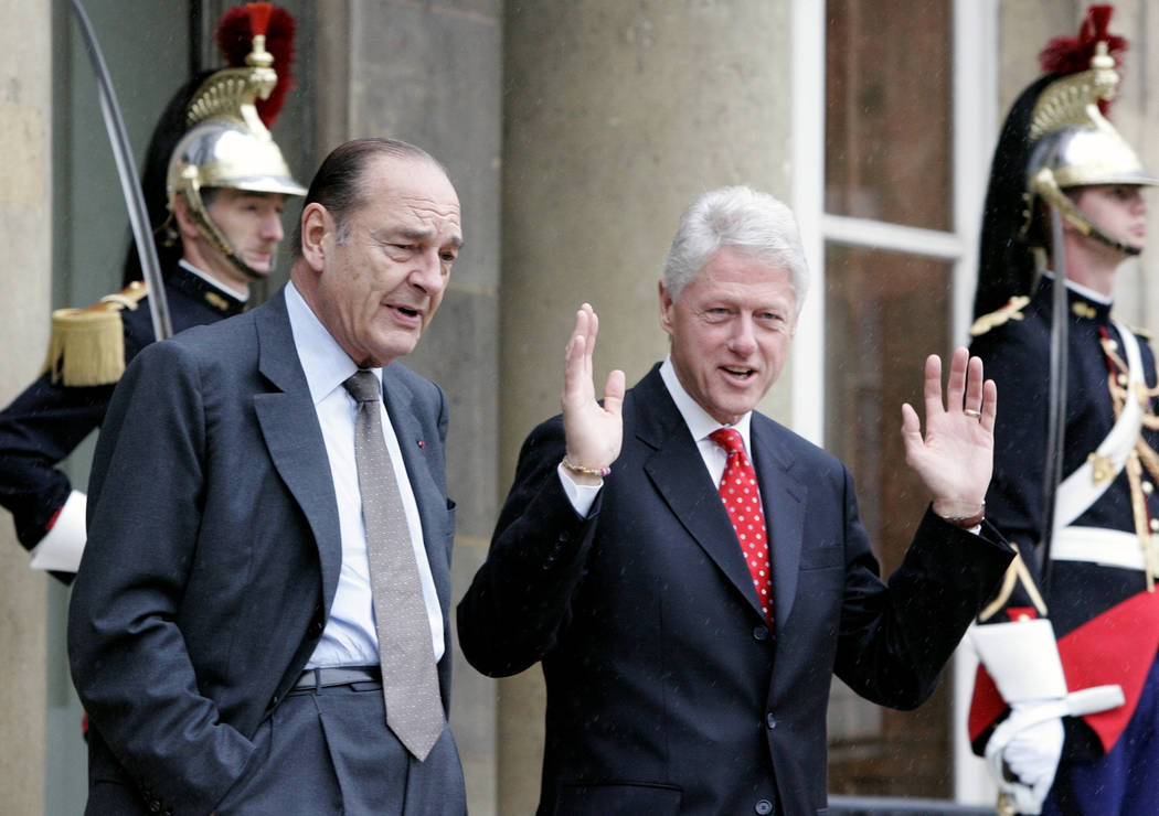 FILE - In this June 6, 2005 file photo, former French President Jacques Chirac, left, and forme ...