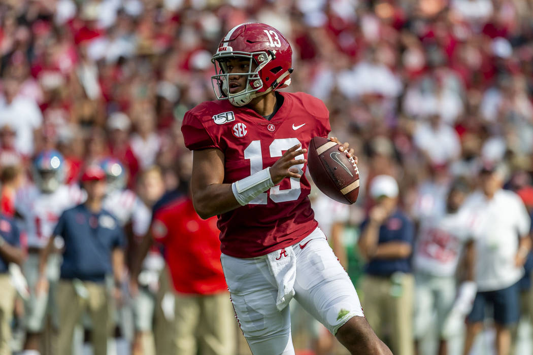 Alabama quarterback Tua Tagovailoa (13) looks to throw against Mississippi during the first hal ...