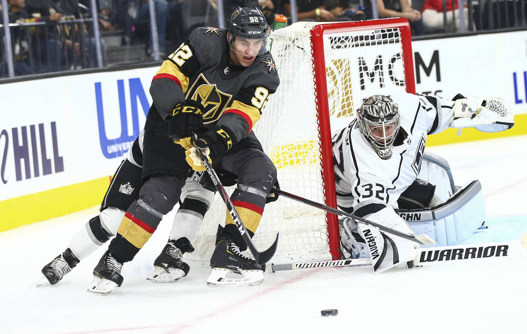 Los Angeles Kings goaltender Jonathan Quick (32) blocks a shot from Golden Knights' Tomas Nosek ...