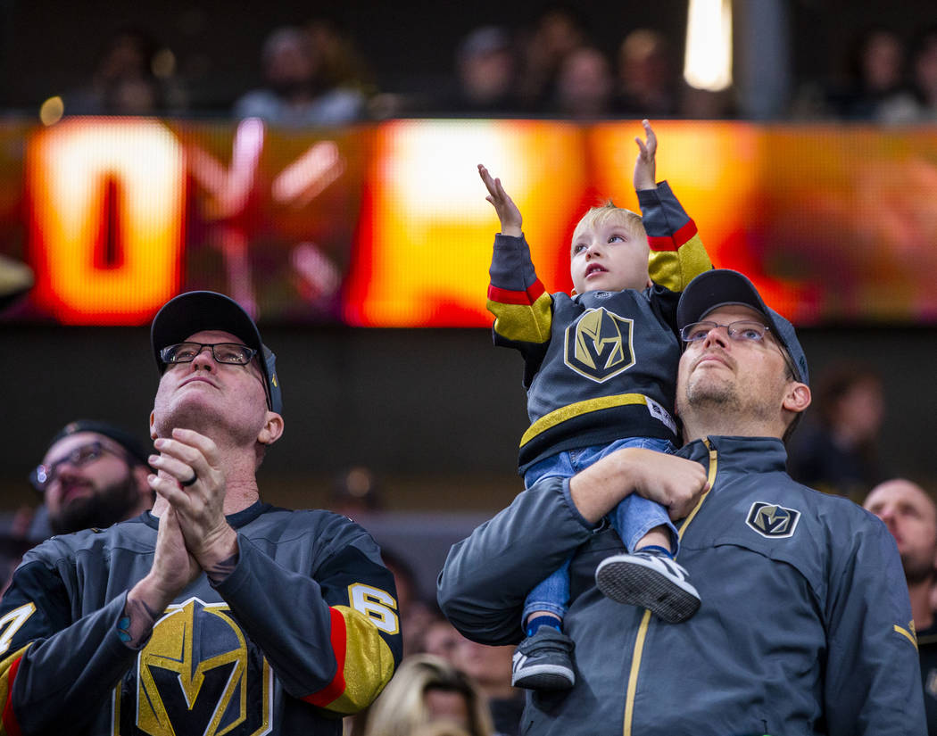 Vegas Golden Knights fans cheer after another goal versus the San Jose Sharks during the second ...