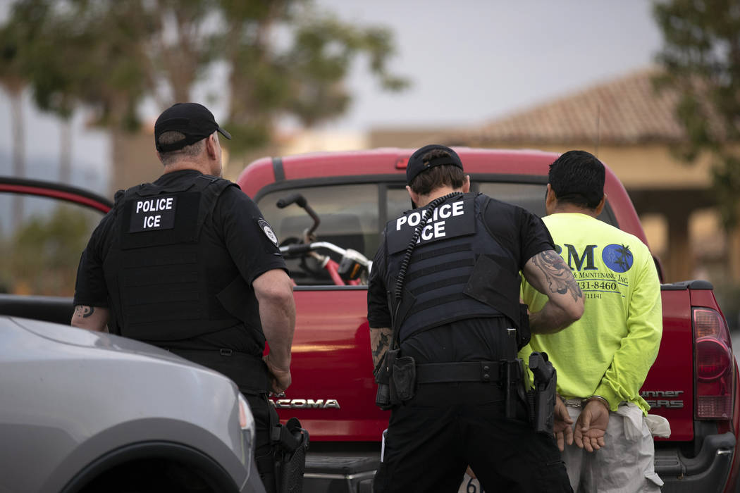 FILE - In this July 8, 2019, file photo, U.S. Immigration and Customs Enforcement (ICE) officer ...